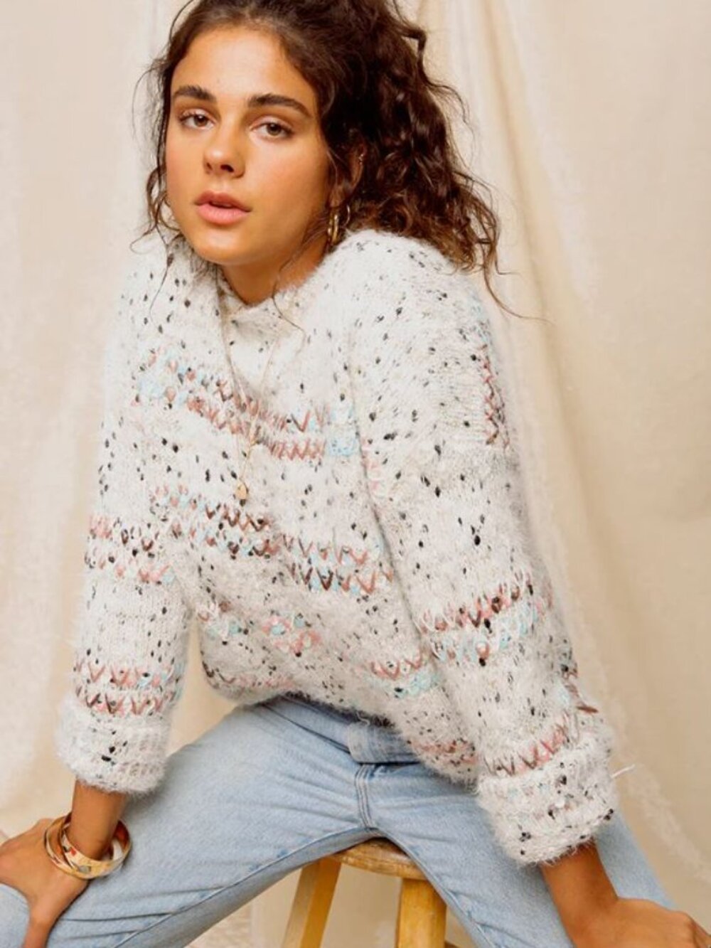 Raga for Anthropologie | "Fay" Speckled Eyelash Mock Neck Sweater | Medium